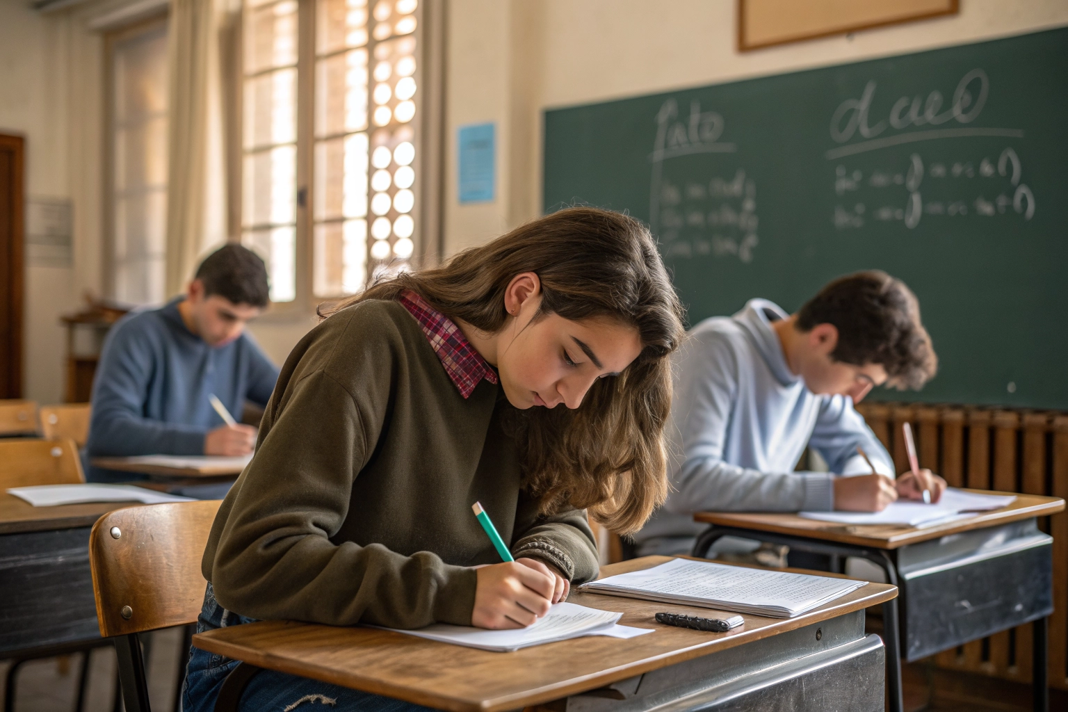 Estudiantes en un aula realizando un examen de matemáticas con concentración.
