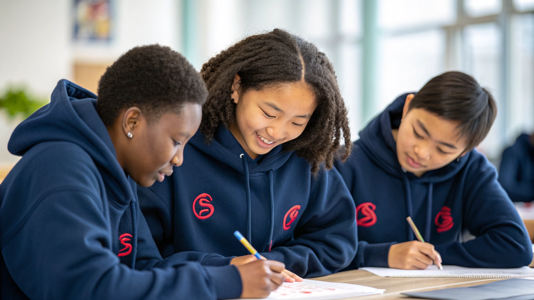 Estudiantes con sudadera MathCup trabajando en equipo