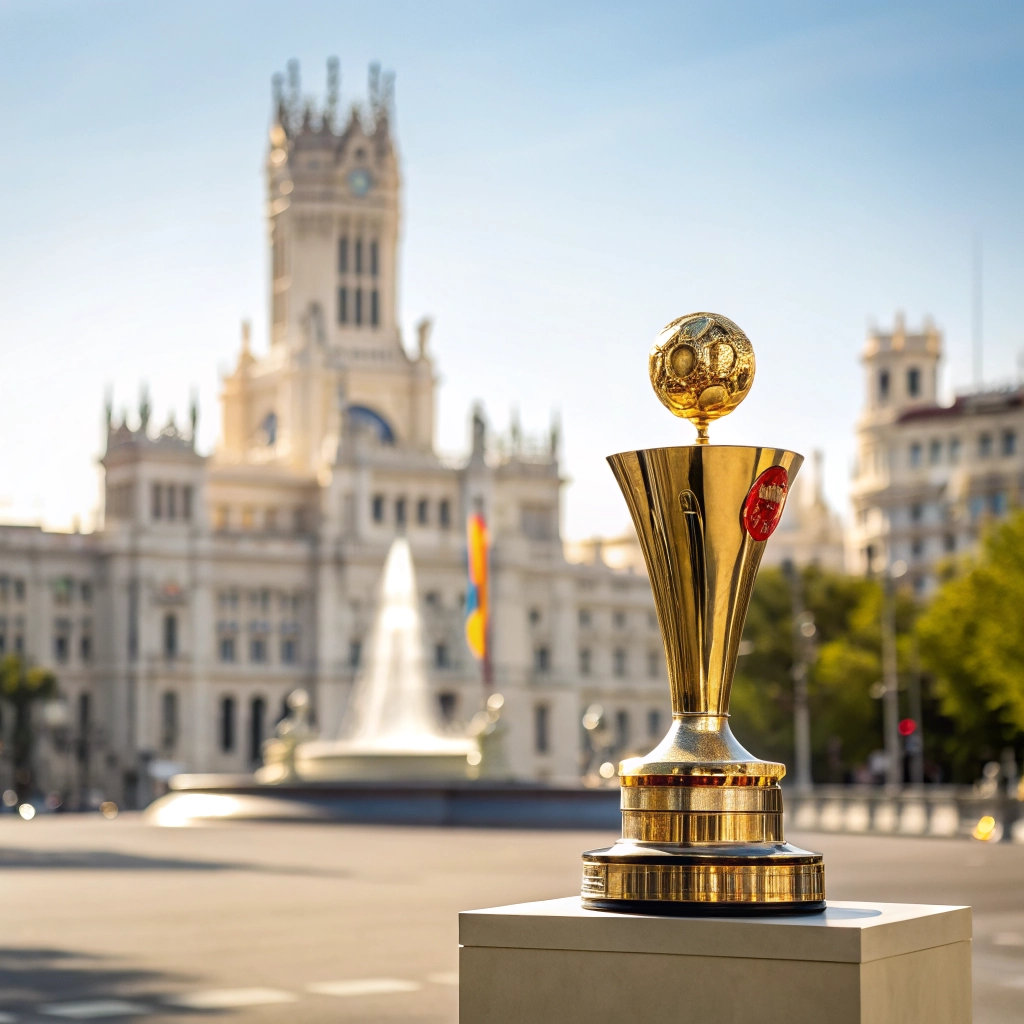 Trofeo de oro en un podio con fondo de Madrid